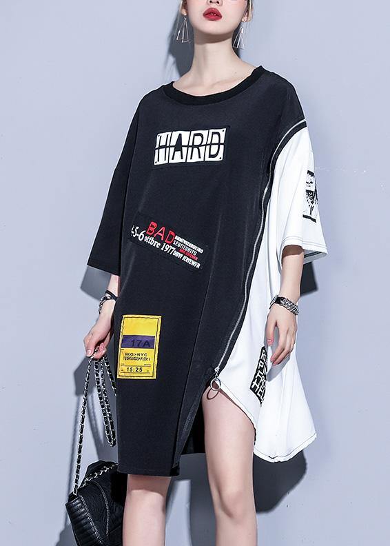 Chic o neck patchwork silk Cotton clothes Women Catwalk black zippered Dresses summer - SooLinen