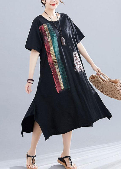 Chic o neck side open Cotton Tunics Work black print Dress summer - SooLinen