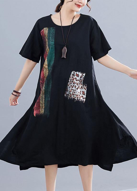 Chic o neck side open Cotton Tunics Work black print Dress summer - SooLinen