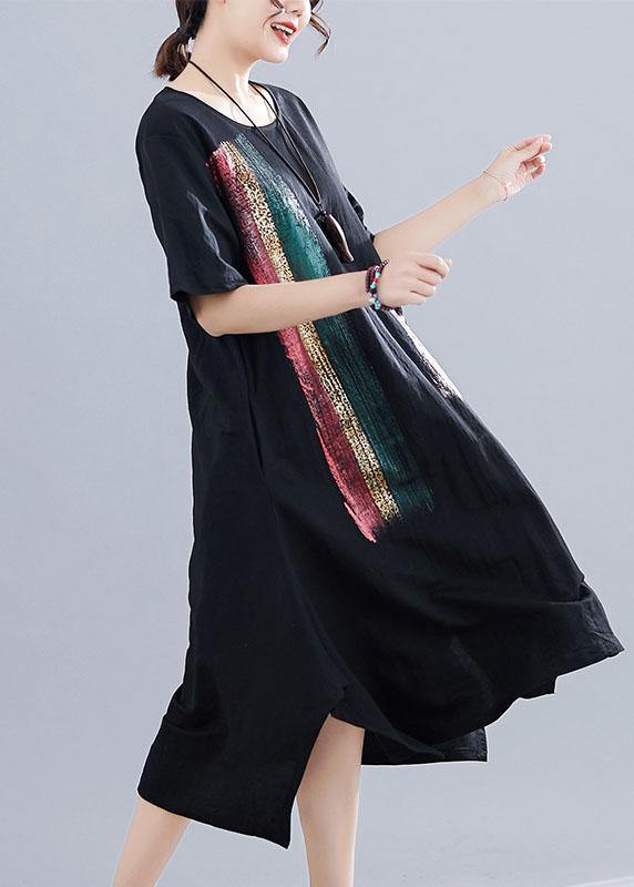 Chic o neck side open Cotton Tunics Work black print Dress summer - SooLinen