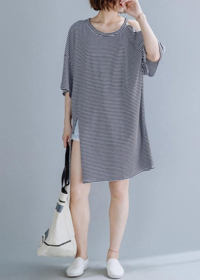 Chic o neck side open Cotton tunic dressSewing black striped Dress - SooLinen