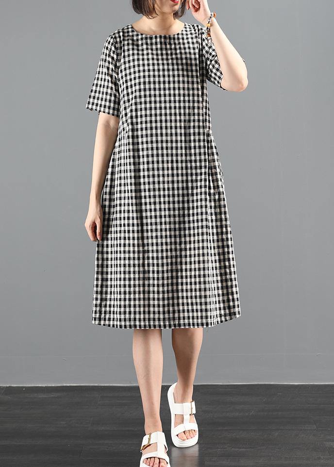 Chic o neck summer clothes Sewing black plaid Dresses - SooLinen