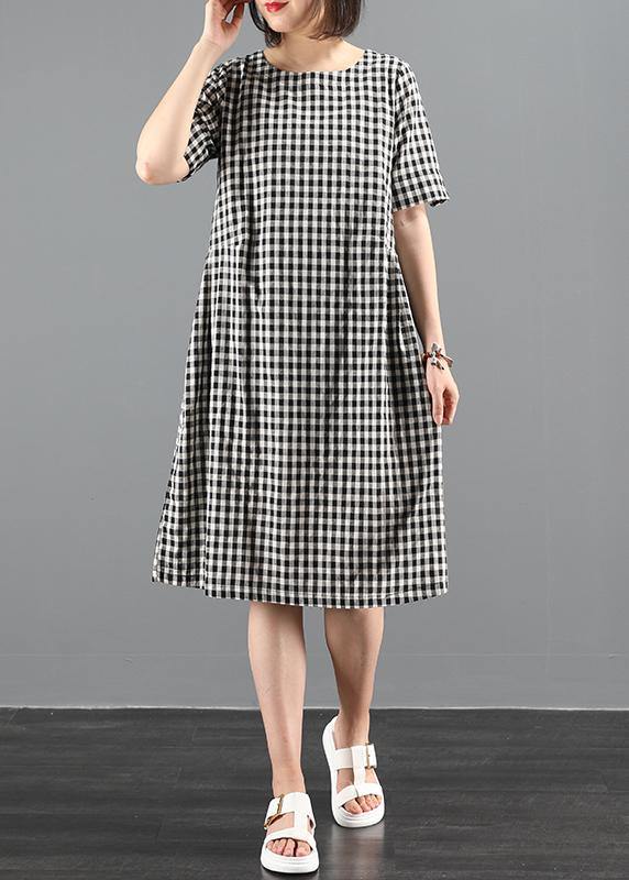 Chic o neck summer clothes Sewing black plaid Dresses - SooLinen