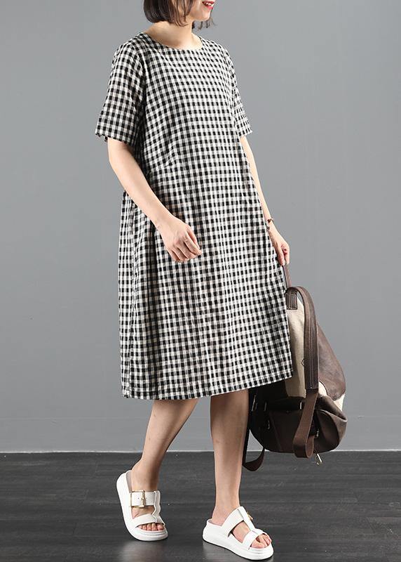 Chic o neck summer clothes Sewing black plaid Dresses - SooLinen