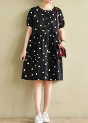 Chic o neck Cinched clothes black daisy print Dresses - SooLinen