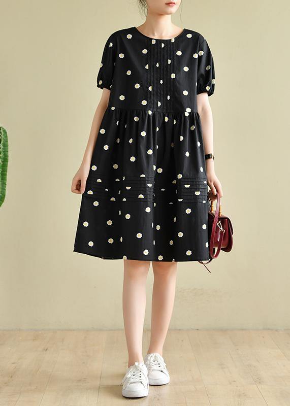 Chic o neck Cinched clothes black daisy print Dresses - SooLinen