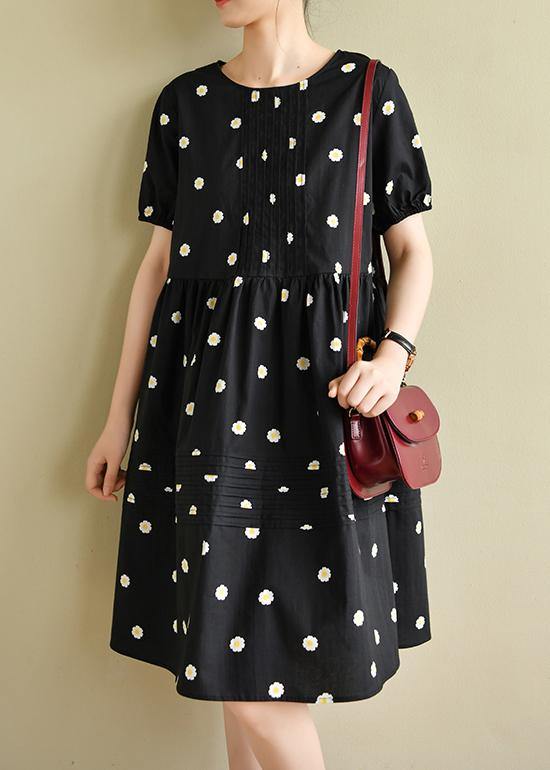 Chic o neck Cinched clothes black daisy print Dresses - SooLinen