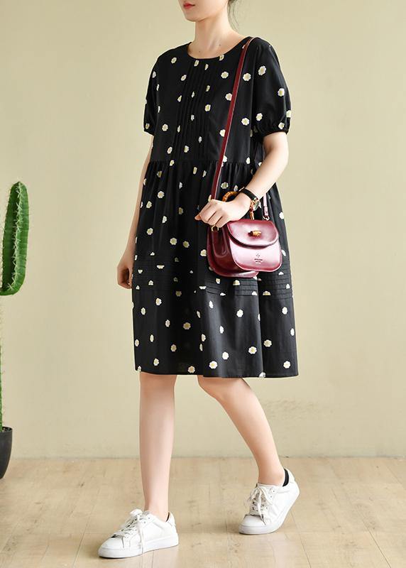 Chic o neck Cinched clothes black daisy print Dresses - SooLinen