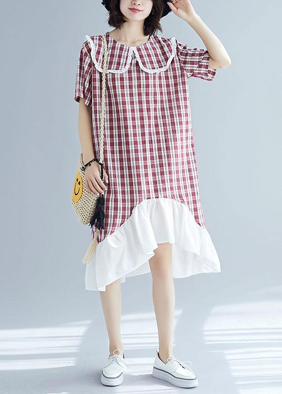 Chic patchwork linen clothes For Women Sleeve red plaid Dress summer - SooLinen