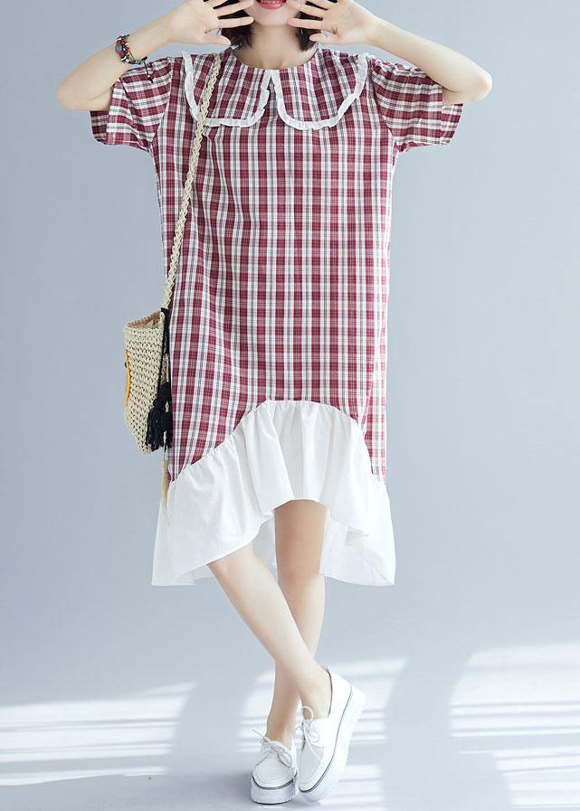 Chic patchwork linen clothes For Women Sleeve red plaid Dress summer - SooLinen