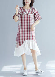 Chic patchwork linen clothes For Women Sleeve red plaid Dress summer - SooLinen