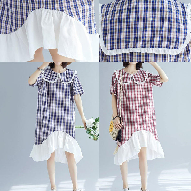 Chic patchwork linen clothes For Women Sleeve red plaid Dress summer - SooLinen