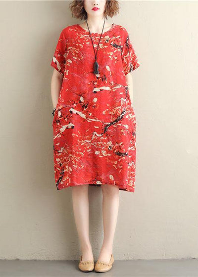 Chic prints red Cotton clothes short sleeve Dresses summer Dresses - SooLinen