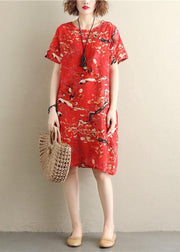 Chic prints red Cotton clothes short sleeve Dresses summer Dresses - SooLinen