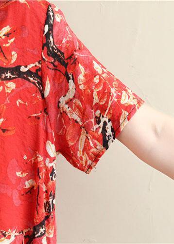 Chic prints red Cotton clothes short sleeve Dresses summer Dresses - SooLinen