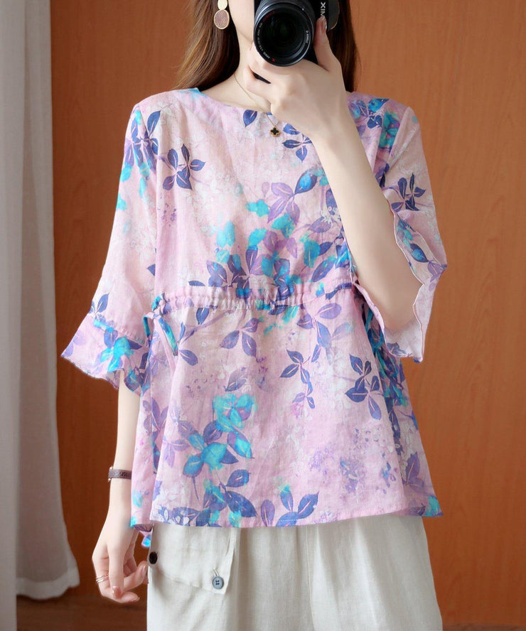 Chic purple print top o neck drawstring daily summer blouses - SooLinen