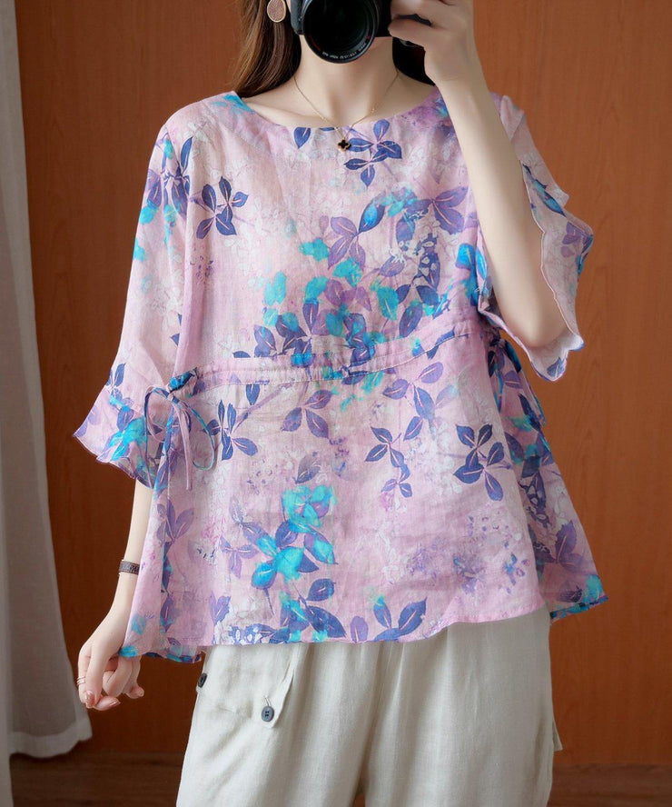 Chic purple print top o neck drawstring daily summer blouses - SooLinen