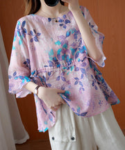 Chic purple print top o neck drawstring daily summer blouses - SooLinen