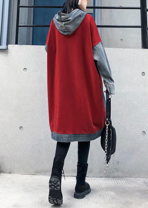 Chic red cotton clothes Women hooded Maxi patchwork Dresses - SooLinen