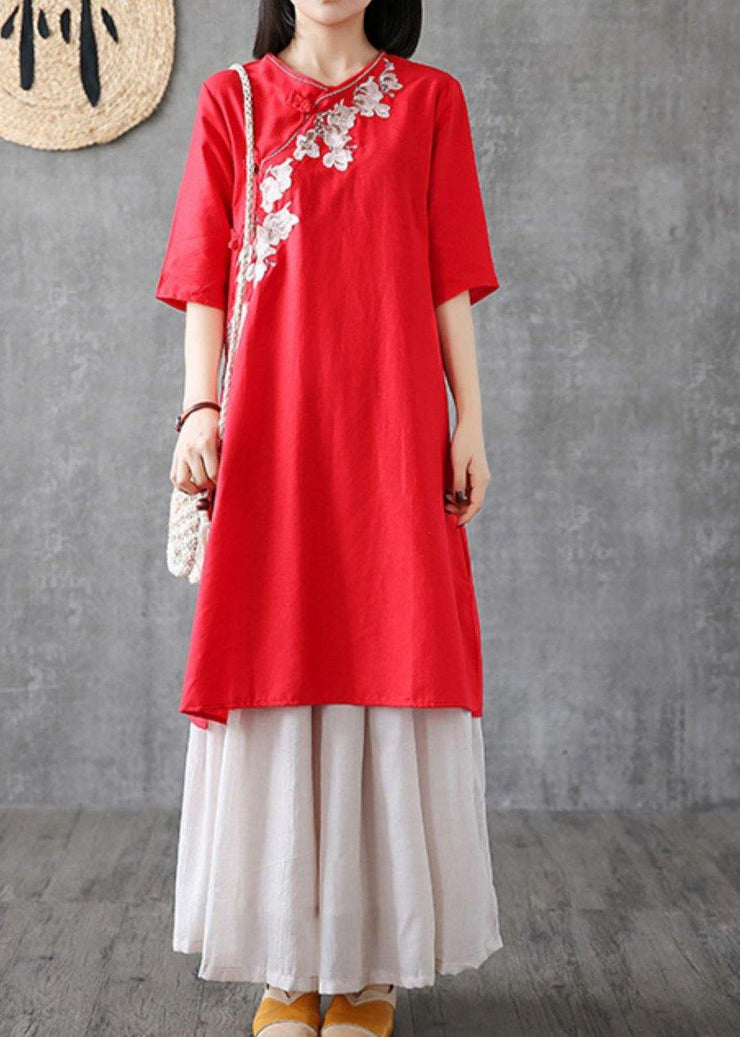 Chic red cotton dresses embroidery Chinese Button short  Dress - SooLinen