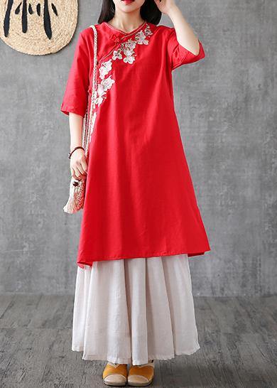 Chic red cotton dresses embroidery Chinese Button short  Dress - SooLinen