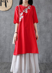 Chic red cotton dresses embroidery Chinese Button short  Dress - SooLinen