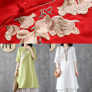 Chic red cotton dresses embroidery Chinese Button short  Dress - SooLinen