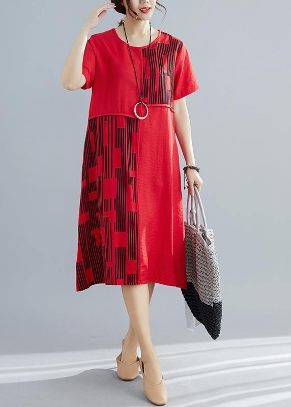 Chic red patchwork cotton quilting dresses plus size pattern o neck Maxi summer Dress - SooLinen