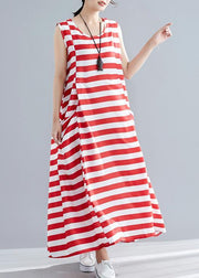 Chic red striped cotton clothes Women sleeveless o neck pockets long summer Dress - SooLinen