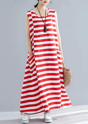 Chic red striped cotton clothes Women sleeveless o neck pockets long summer Dress - SooLinen