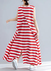 Chic red striped cotton clothes Women sleeveless o neck pockets long summer Dress - SooLinen