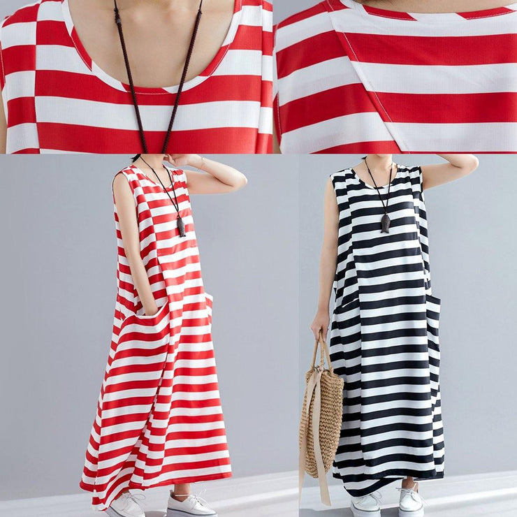 Chic red striped cotton clothes Women sleeveless o neck pockets long summer Dress - SooLinen