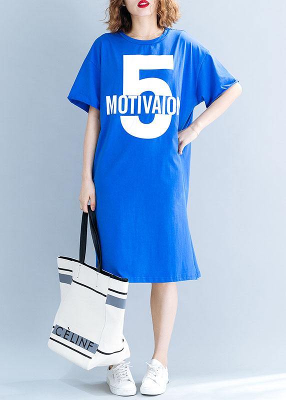 Chic short sleeve Cotton Tunic Neckline blue alphabet prints Dresses summer - SooLinen