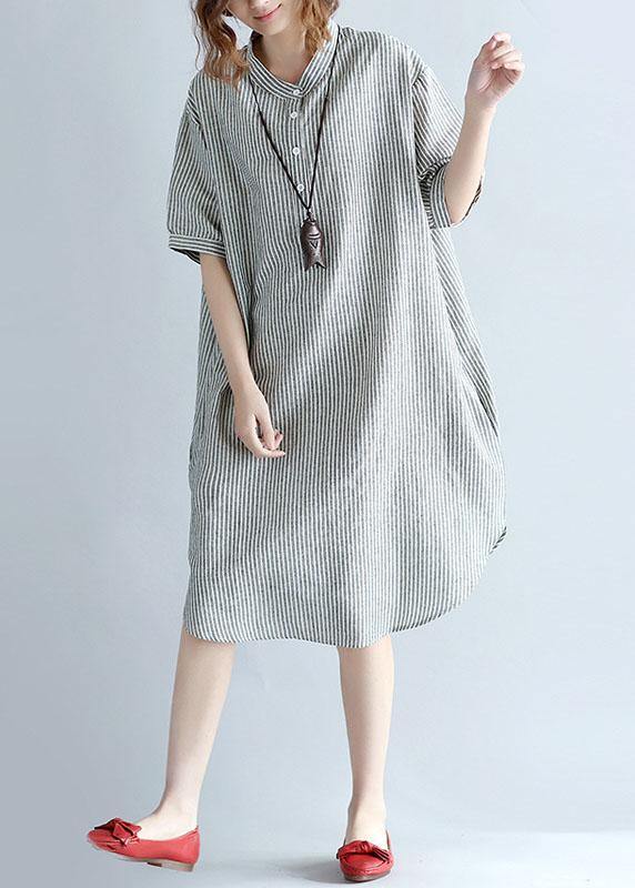 Chic side open Cotton Long Shirts Work gray striped Dresses summer - SooLinen