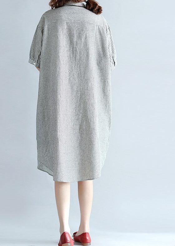 Chic side open Cotton Long Shirts Work gray striped Dresses summer - SooLinen