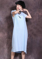 Chic side open linen clothes pattern blue v neck Dresses summer - SooLinen