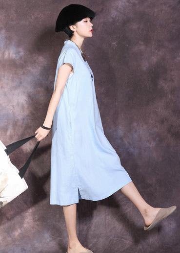 Chic side open linen clothes pattern blue v neck Dresses summer - SooLinen