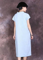 Chic side open linen clothes pattern blue v neck Dresses summer - SooLinen