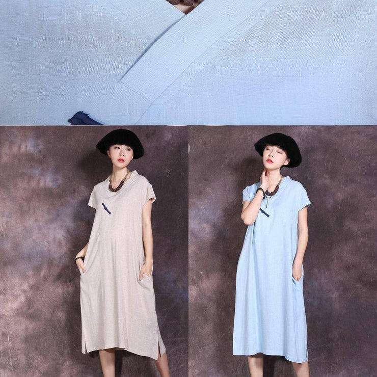 Chic side open linen clothes pattern blue v neck Dresses summer - SooLinen