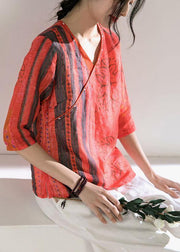 Chic v neck half sleeve linen Blouse Shirts red print top - SooLinen