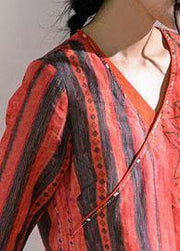 Chic v neck half sleeve linen Blouse Shirts red print top - SooLinen