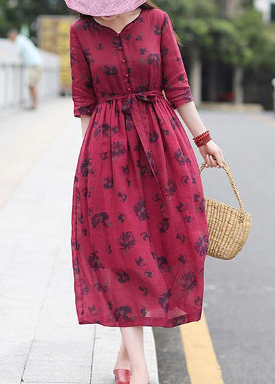 Chic v neck patchwork spring dresses design red print Dresses - SooLinen