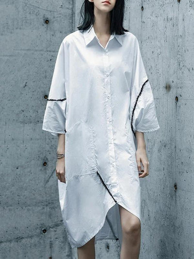 Chic white Cotton tunics for women lapel asymmetric daily shirt Dresses - SooLinen