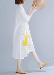 Chic white prints linen dresses stand collar Maxi summer Dress - SooLinen