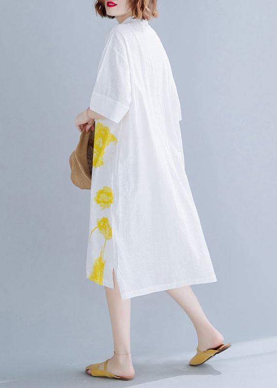 Chic white prints linen dresses stand collar Maxi summer Dress - SooLinen