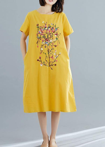 Chic yellow prints Cotton quilting dresses short sleeve shift summer Dress - SooLinen