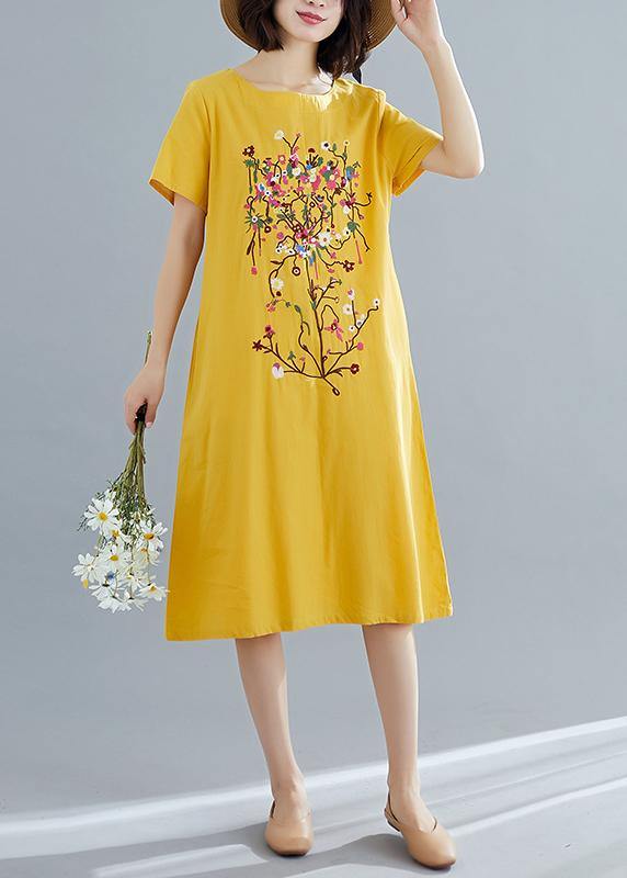 Chic yellow prints Cotton quilting dresses short sleeve shift summer Dress - SooLinen