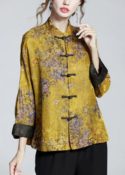 Chinese Style Golden Brown Stand Collar Button Print Silk Coats Long Sleeve