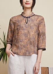 Chinese Style Khaki Stand Collar Print Linen Tops Half Sleeve