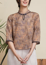 Chinese Style Khaki Stand Collar Print Linen Tops Half Sleeve